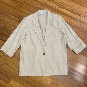 Vintage Joanna Women Medium Blazer Jacket Beige Linen Blend Single Button Office